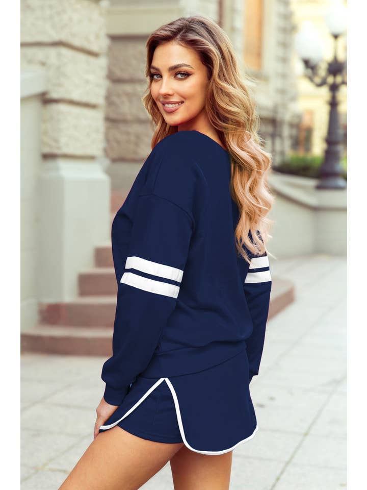 1 the Woman - Wholesale Top & Skirt Set - Women's - Varsity Stripe Detail Drop Shoulder Pullover Mini Skirt Set20