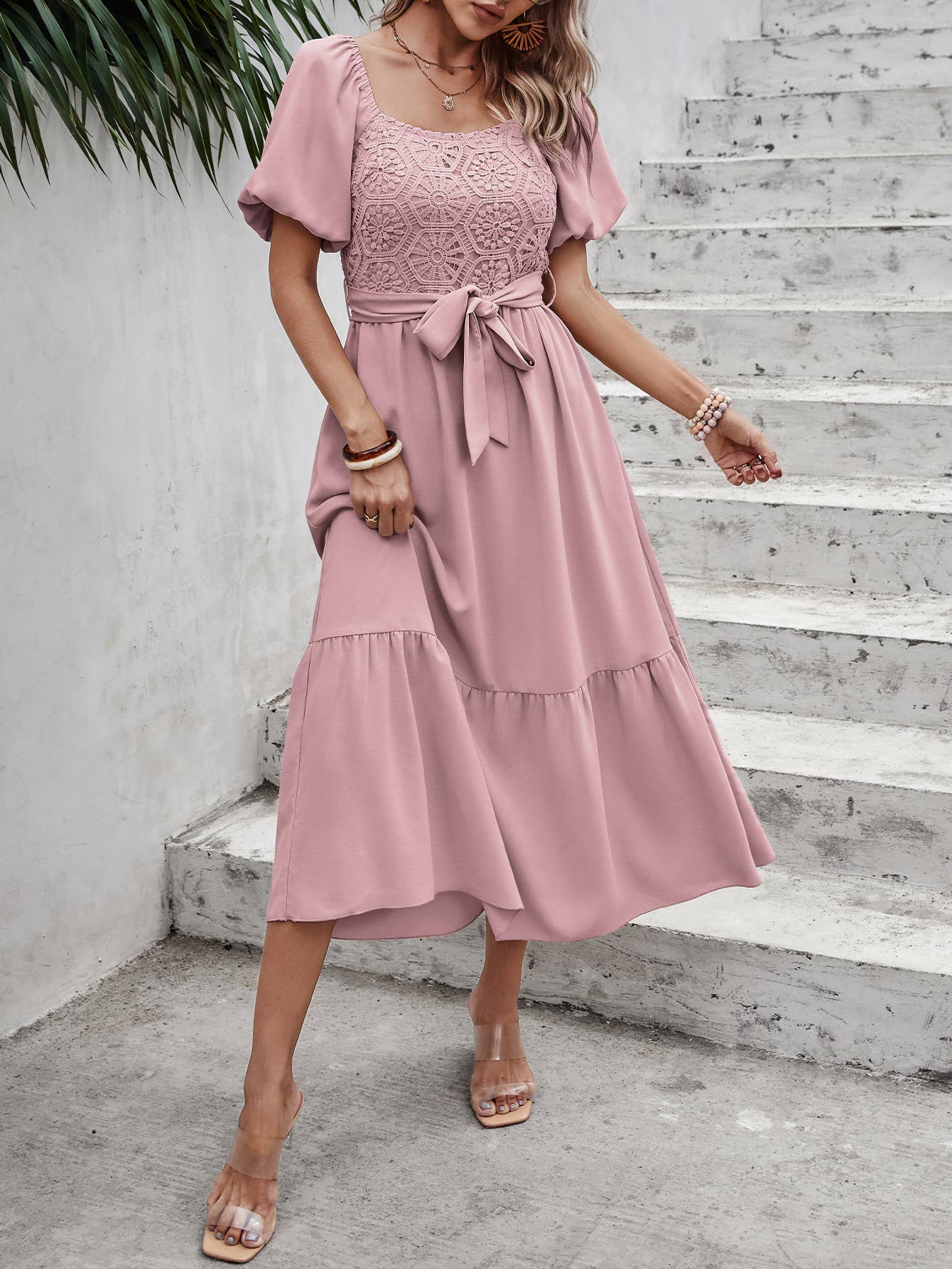 eLook - Wholesale Jurk - Dames - SZ1-DR1008 Midi-jurk met haakdetails en pofmouwen en riem12