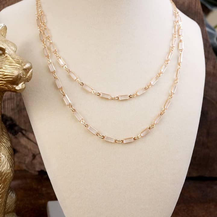 PennyLine inc - Wholesale Link & Chain Necklace - Twice the Sparkle – Double Layer Baguette Crystal Necklace in Gold Tone2