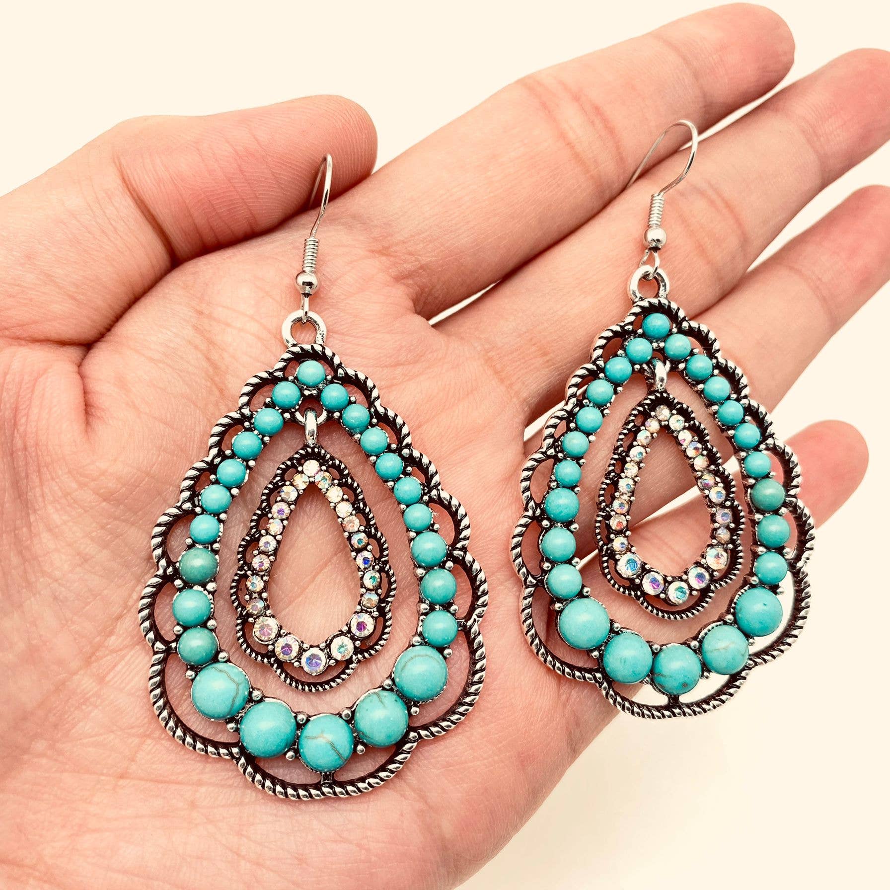 Mio Queena - Wholesale Dangle Earrings - Rhinestone Turquoise Double-layer Drop Dangle Earrings - WJ