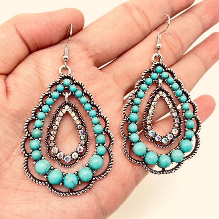 Rhinestone Turquoise Double-layer Drop Dangle Earrings - WJ for wholesale by Mio Queena
