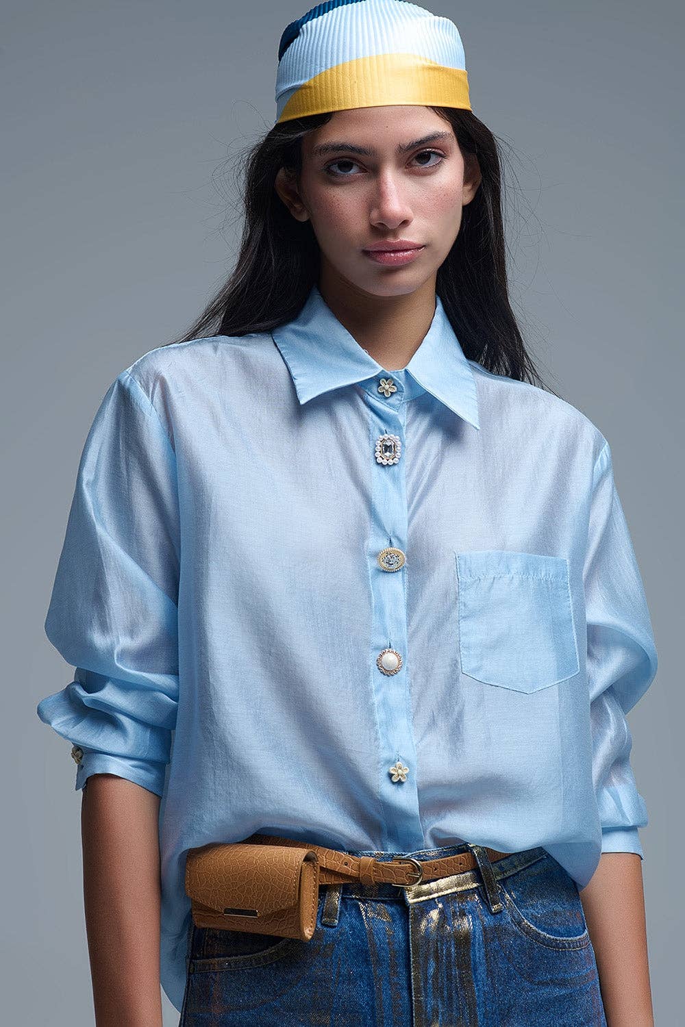 Silky Loose Shirt With Button Medley in Blue for wholesale on Faire3