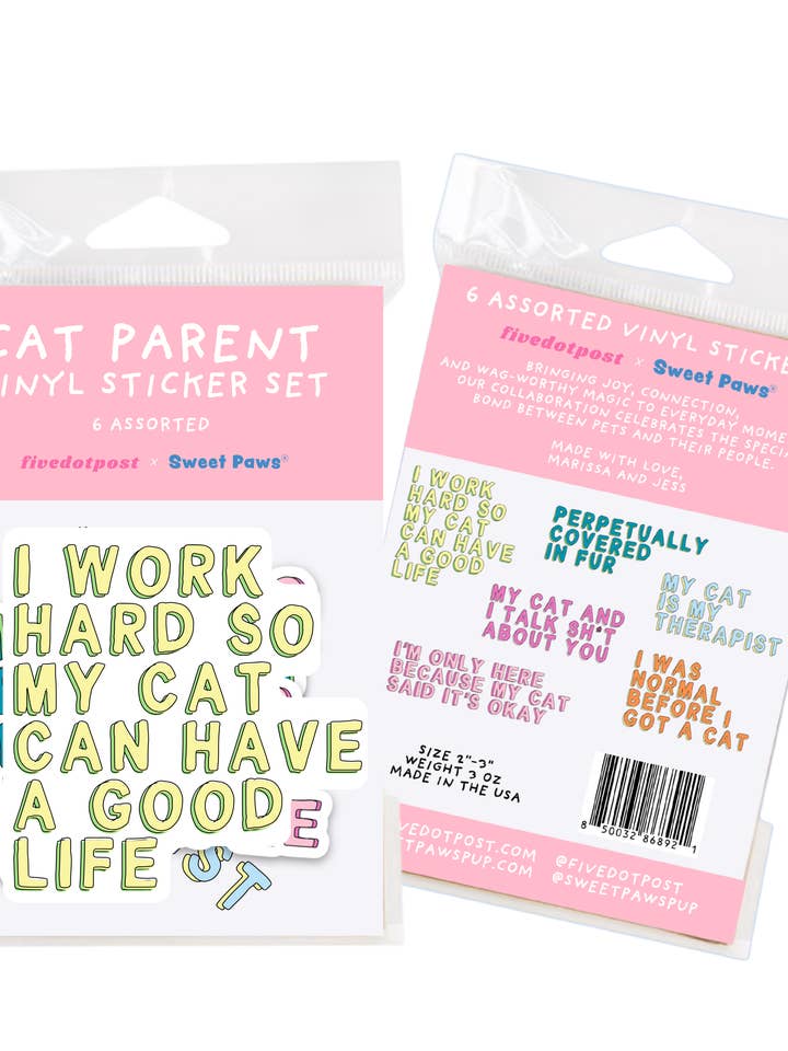 Cat Parent Vinyl Sticker Pack – Set of 6 Pet Owner Stickers for wholesale by Five Dot Post