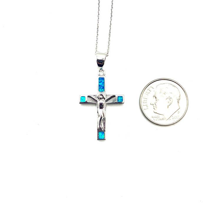 Guadalupe Gifts - Wholesale Pendant/Charm Necklace - Silver Crucifix Necklace w/ Blue Opal 18-inch