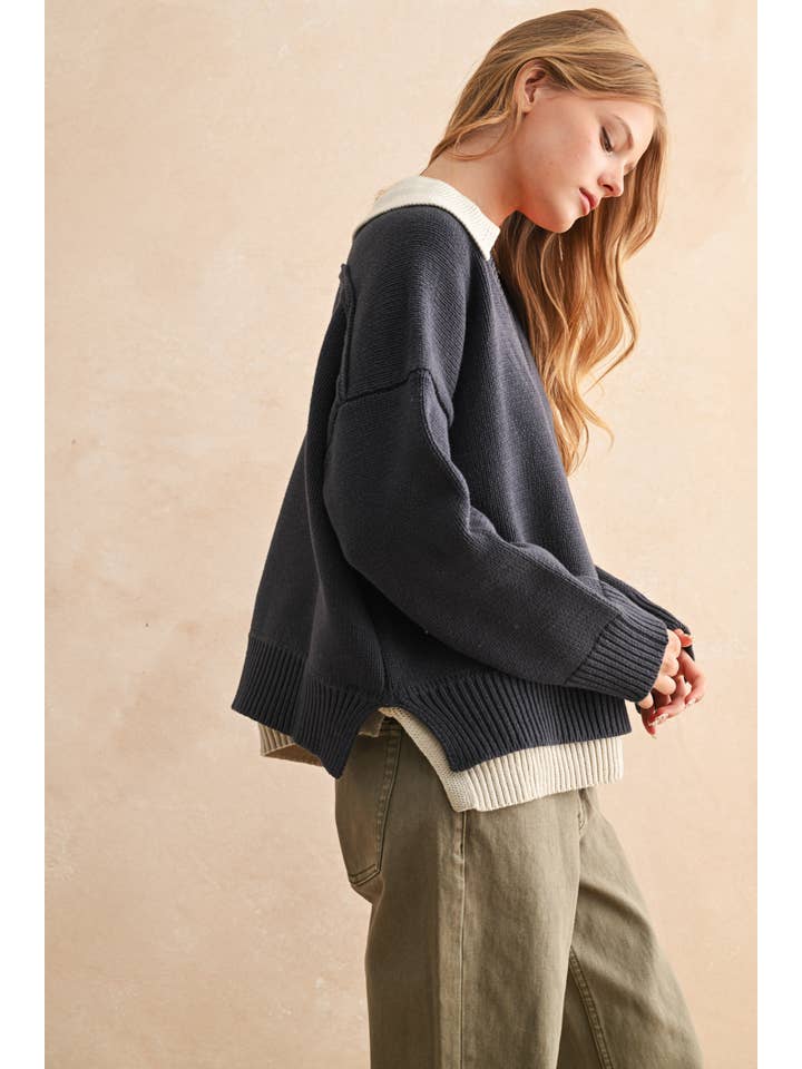 MIOU MUSE - Wholesale Knit Sweater - Women's - T5147 COLOR COMBO V-NECK SWEATER TOP6