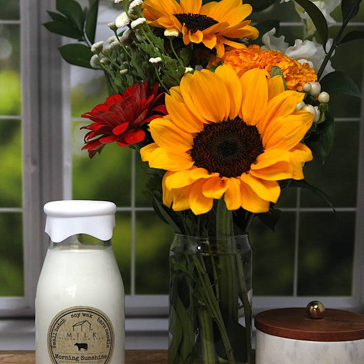 Milk Bottle Candle Morning Sunshine for wholesale by Milk Reclamation Barn