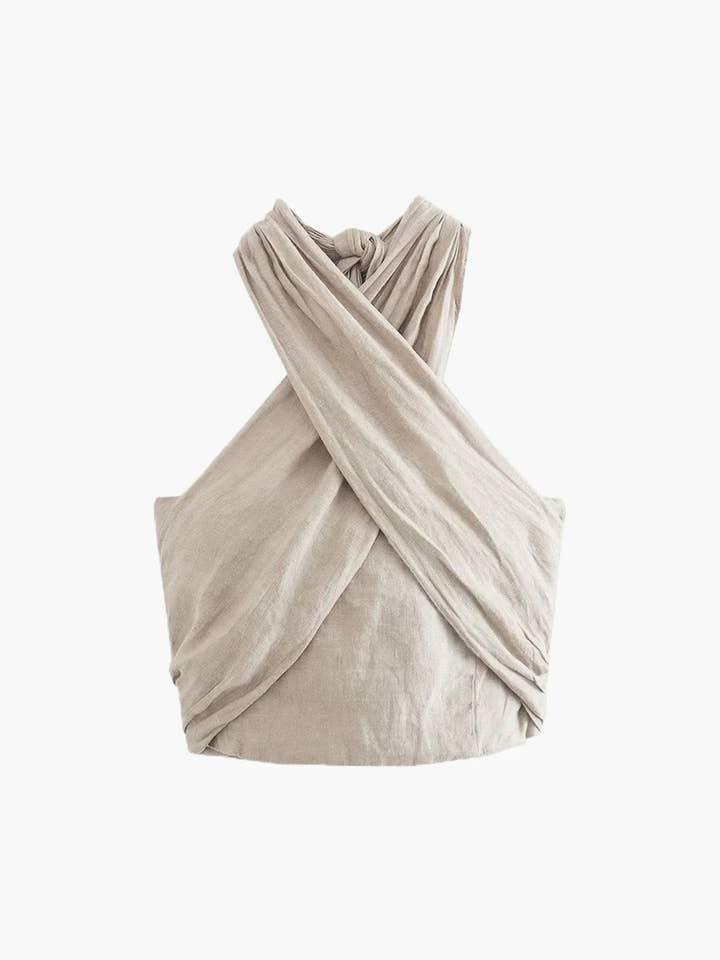 Khaki Linen Crisscross Halter Tank Top for wholesale on Faire