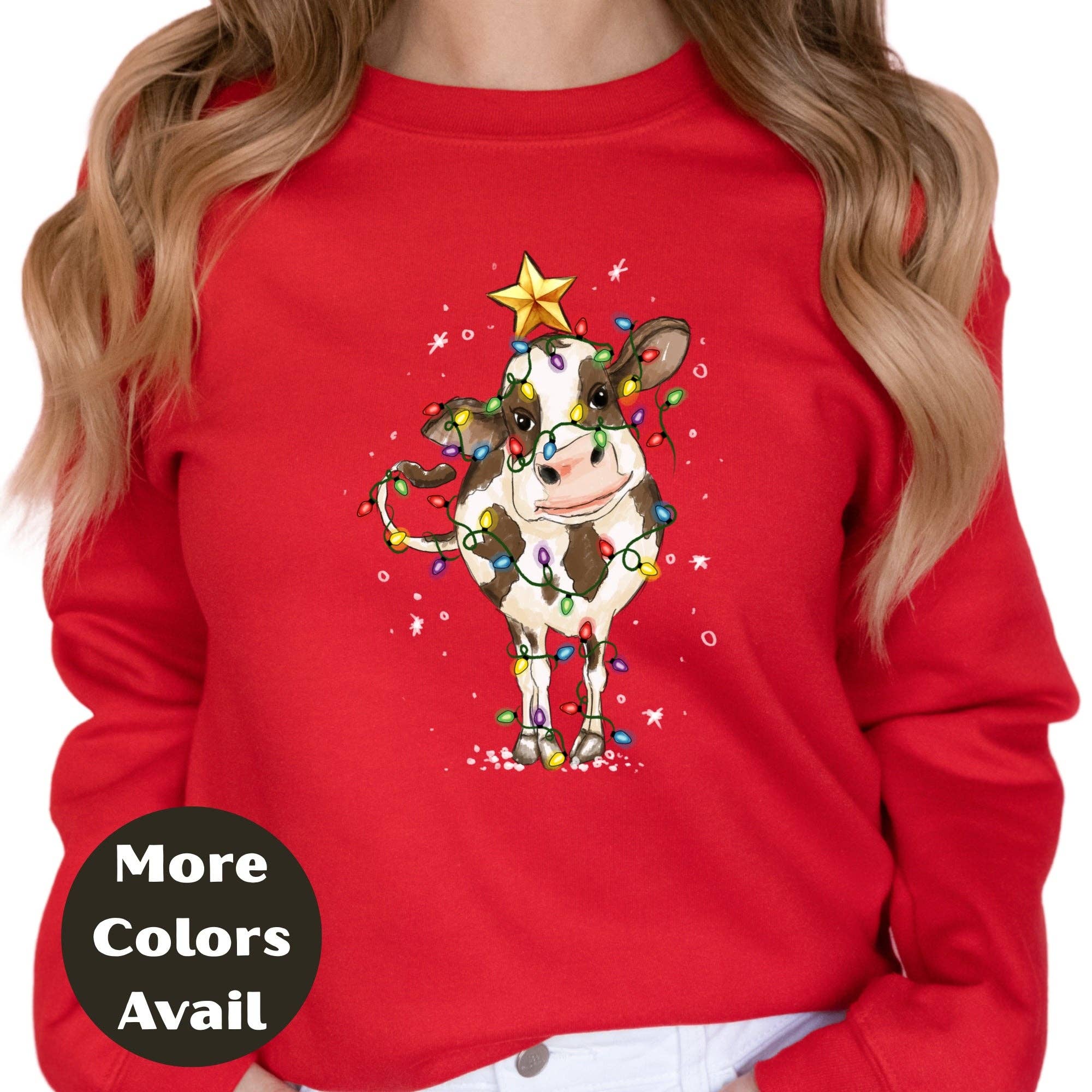 Epic Life  - Designed - Wholesale Screen Printed T-Shirt - Women's - Christmas Lights Country Cow Shirt or Sweatshirt – Cute Holiday Farm Top Small - 4XL and Plus Size – Multiple Colors1