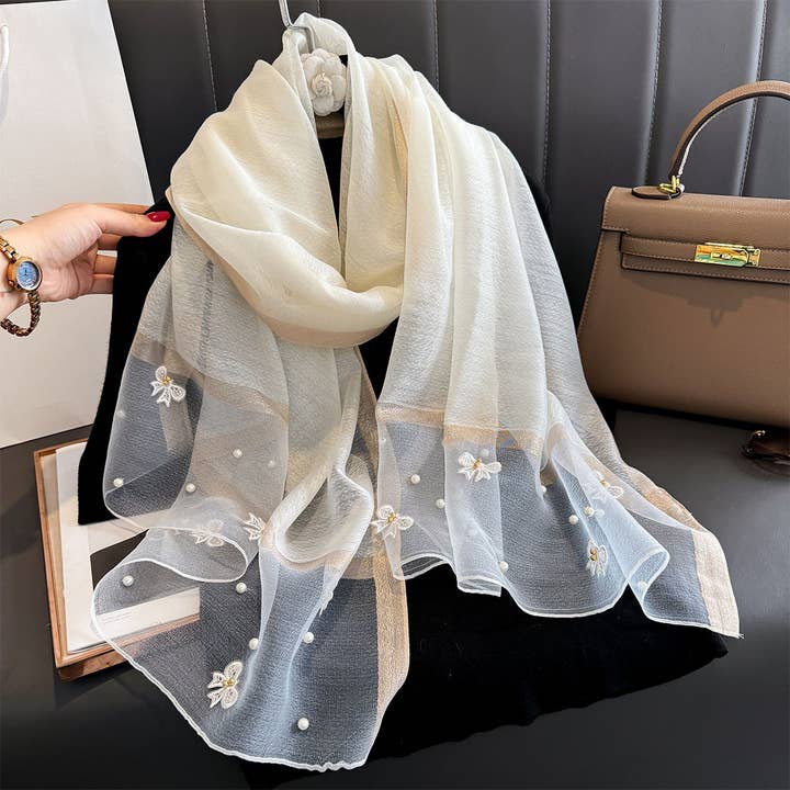 PEACH ACCESSORIES - Wholesale Scarf - Women's - Silk Scarf with Embroidered Bows & Pearls SK26