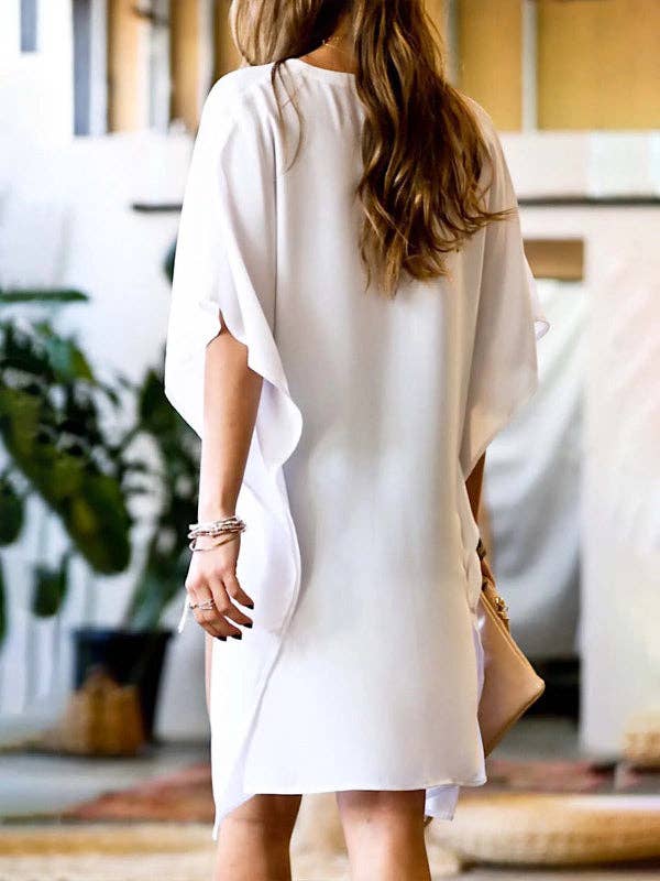 Sheer Trend - Wholesale Tunic - Women's - Loose Solid Color High-Low Batwing Sleeves V-Neck T-Shirt2