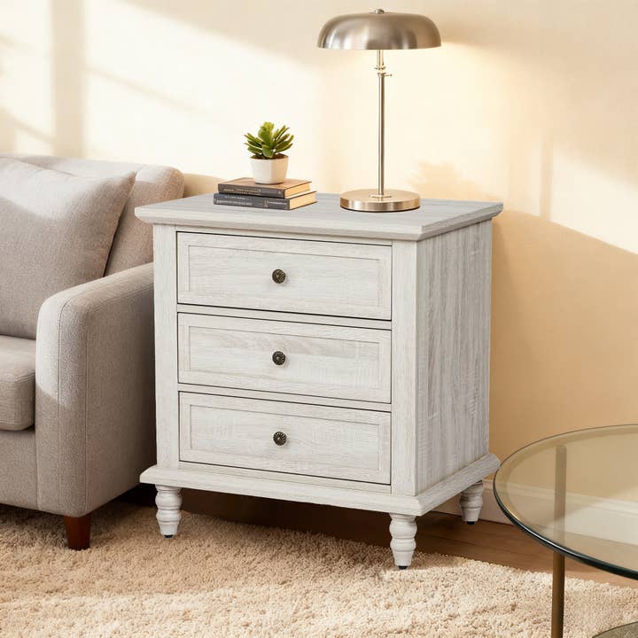 Paris Loft Inc - Wholesale Cabinet - Vintage White Three Drawer Solid Wood Leg Bedside Table3