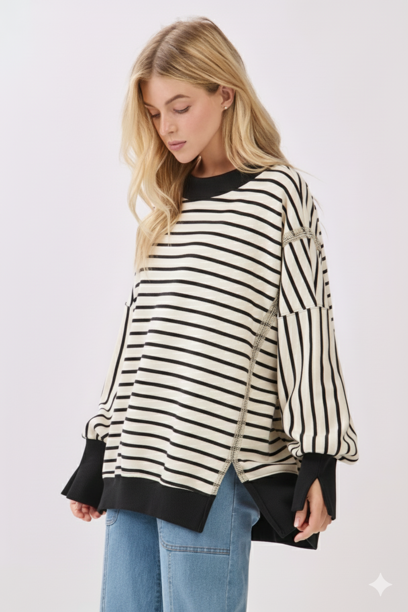 Sewn and Seen - Wholesale Sweatshirt - Women's - Striped Balloon Sleeve Terry Sweatshirt18
