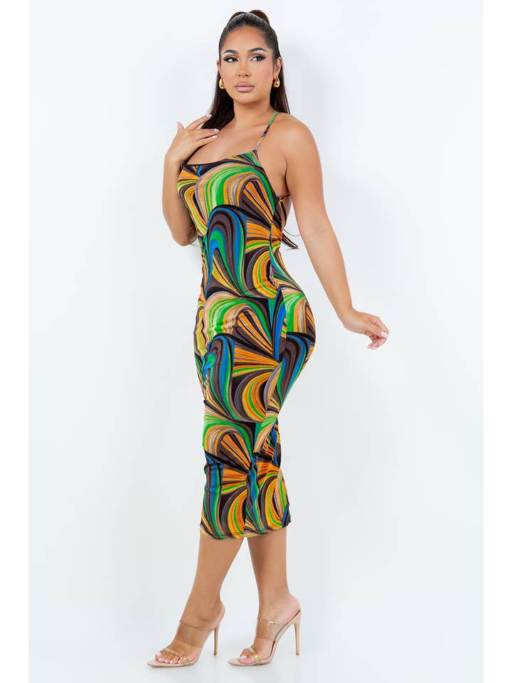 MULTI D14026 MESH PRINT DRESS SPAGHETTI DRESS WITH LINING AND OPEN for wholesale on Faire