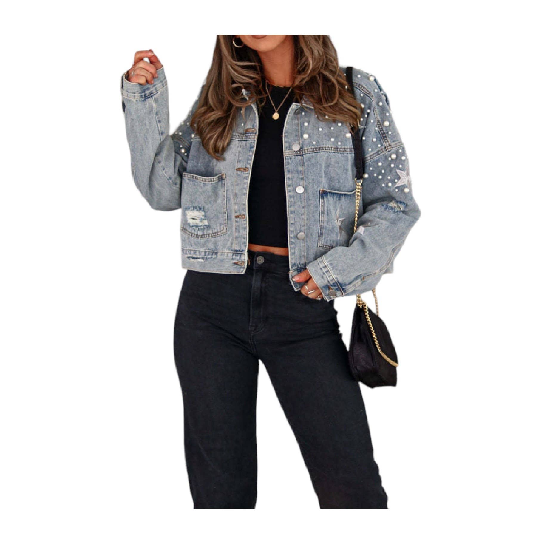 Mapcie - Wholesale Denim Jacket - Women's - STAR DETAIL RIPPED DENIM PEARL JACKET11