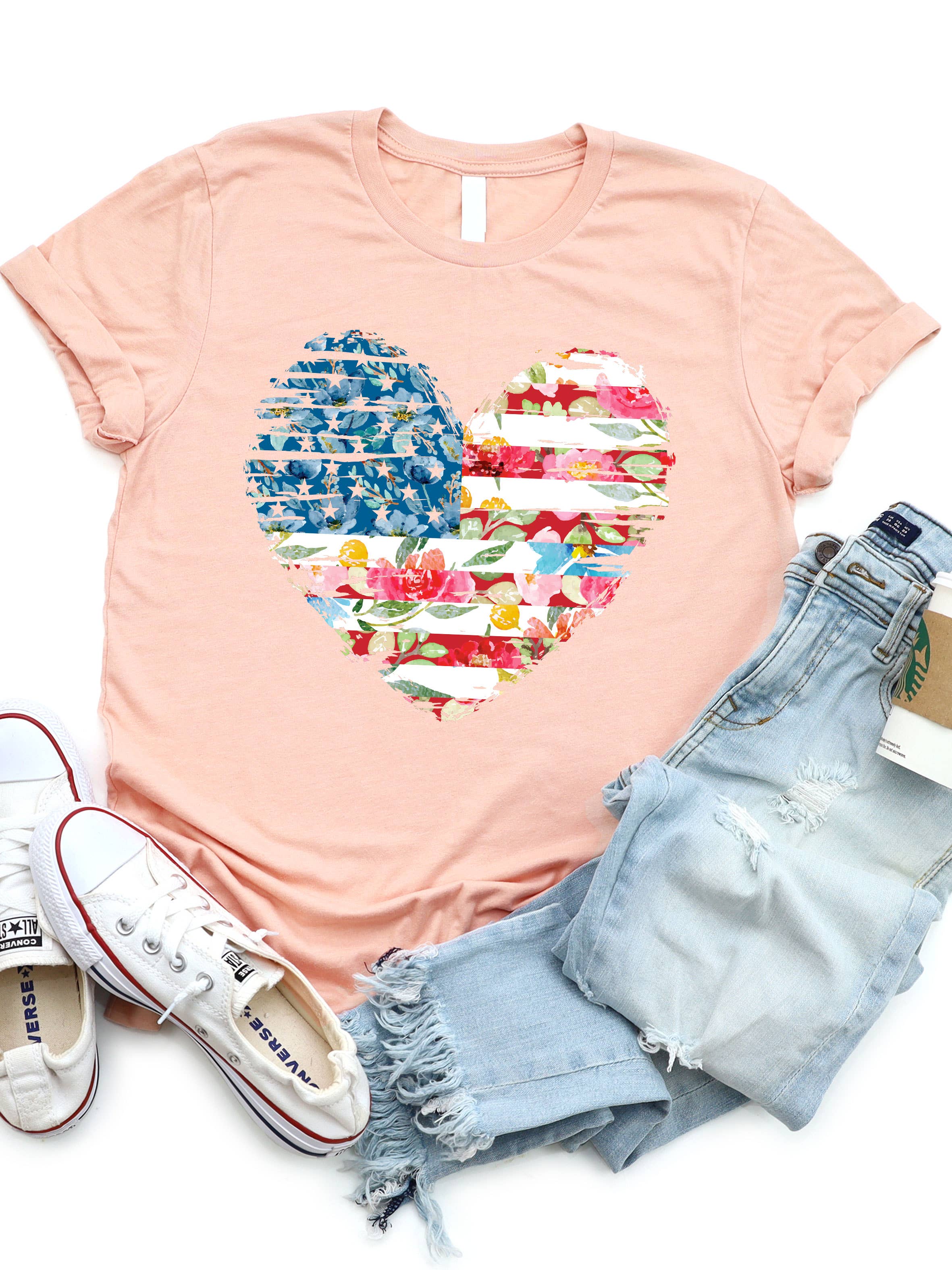 Tickled Teal - Wholesale T-Shirt (Graphic) - Women's - Watercolor Flag Heart Graphic Tee4