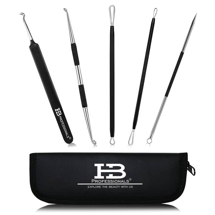 Mitesserentferner Pickelquetscher Werkzeugset - 5-teiliges Set - Premium-Edelstahl - Pickel Komedonen-Extraktor - Makel-Extraktor - Schwarz für den Großhandel von HB Professionals®