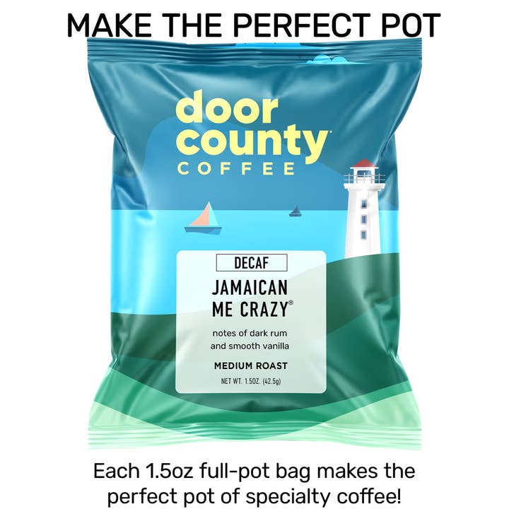 Door County Coffee - Wholesale Ground Coffee - Jamaican Me Crazy DECAF Flavored Coffee, 1.5oz, 6 pack1