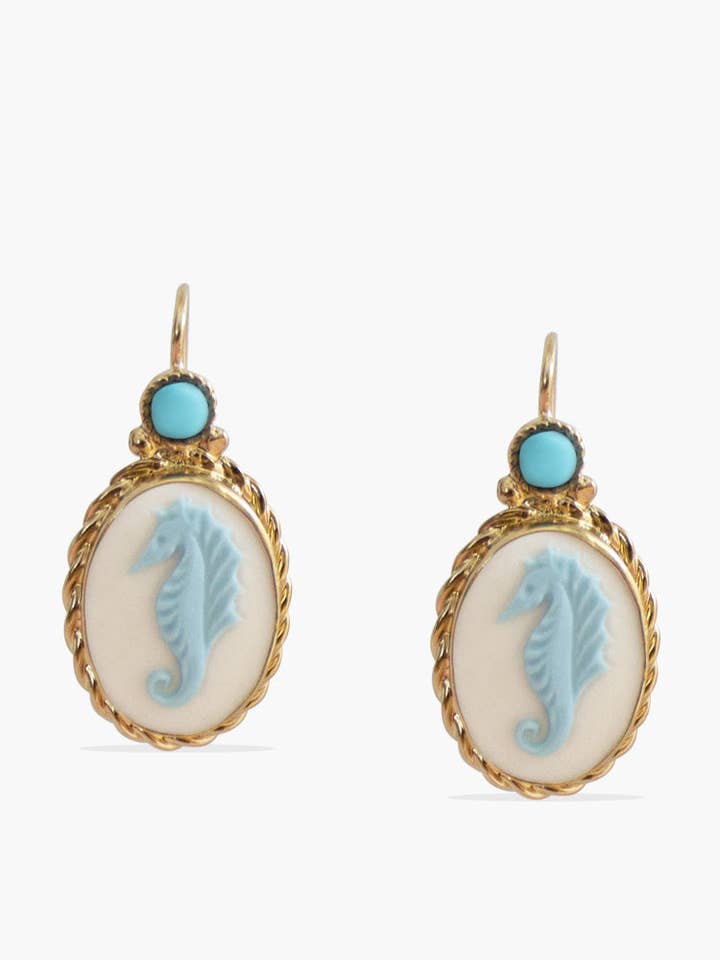 Orecchini Cammeo con Cavalluccio Marino e Turchese per la vendita all'ingrosso da parte di Vintouch Jewels