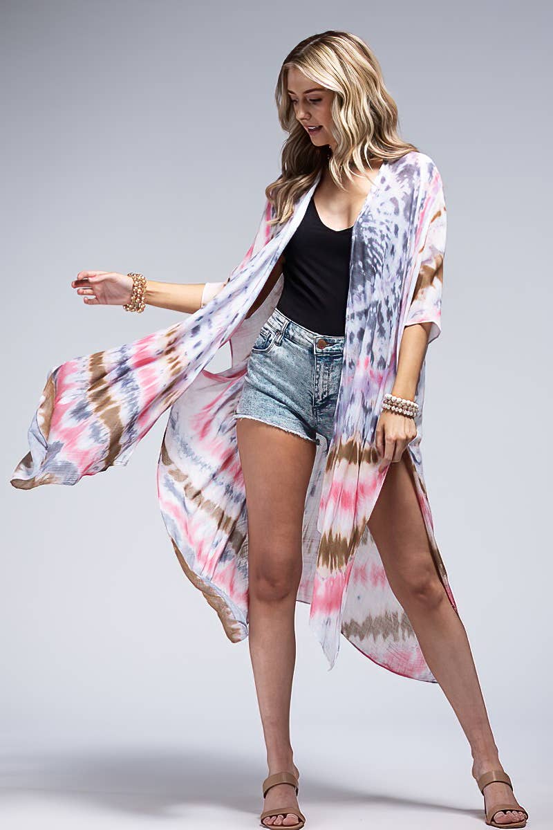 Rosa Multi Kimono leggero con motivo tie-dye in vendita all'ingrosso su Faire2