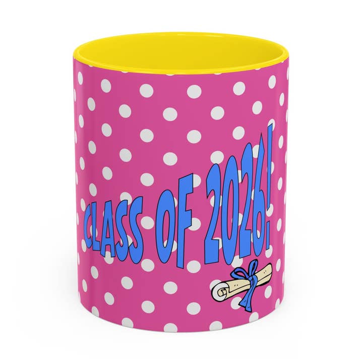 'Class of 2026' Pink Polka Dot Accent Mug, Fun Graduation Gift for wholesale by MARA Style
