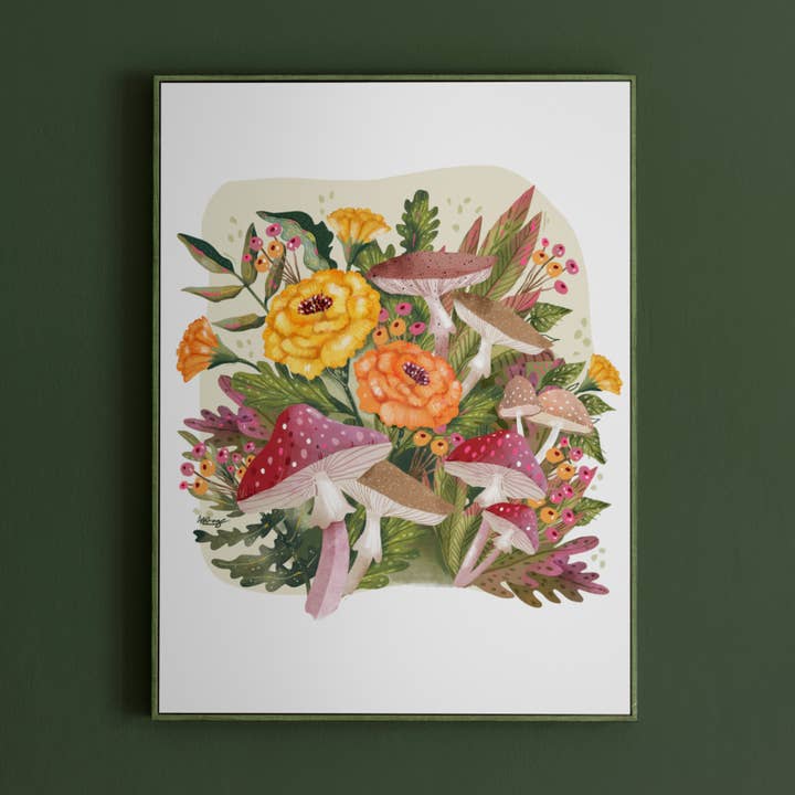 Mushrooms & Marigolds Autumn Thanksgiving Art Print for wholesale by Anna Cheng Design