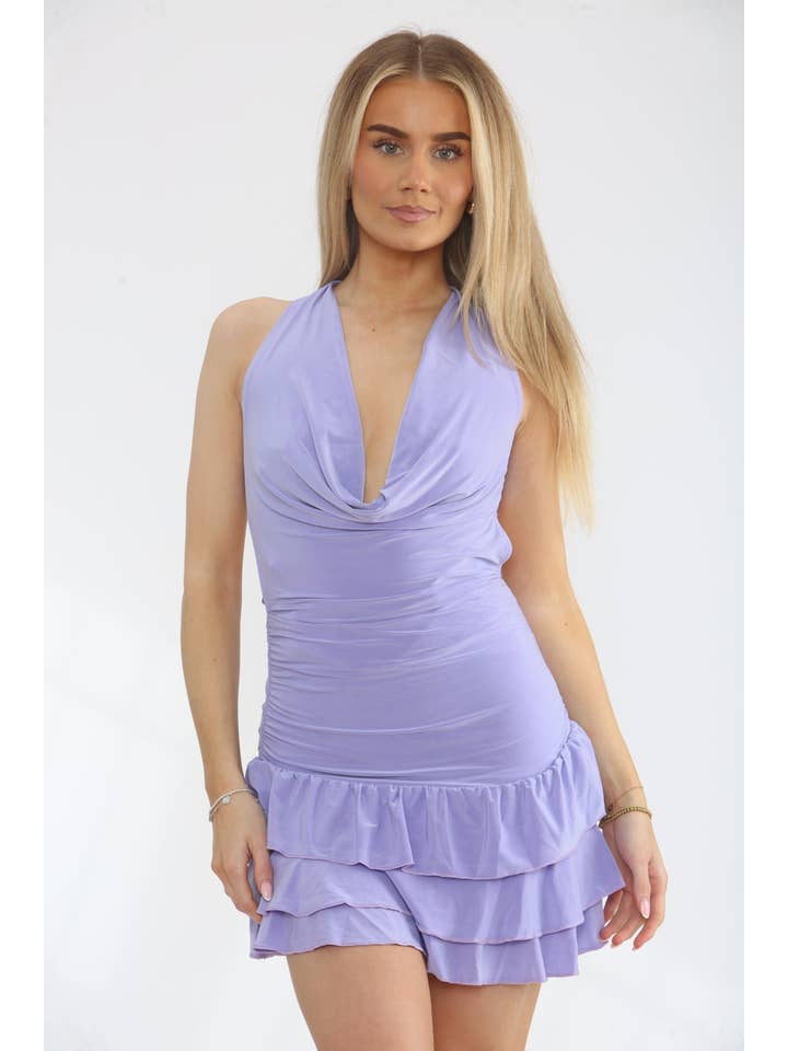 Lilac Plunge Slinky Open Back Bodycon Frill Detail Mini Dress - Liriel for wholesale on Faire2