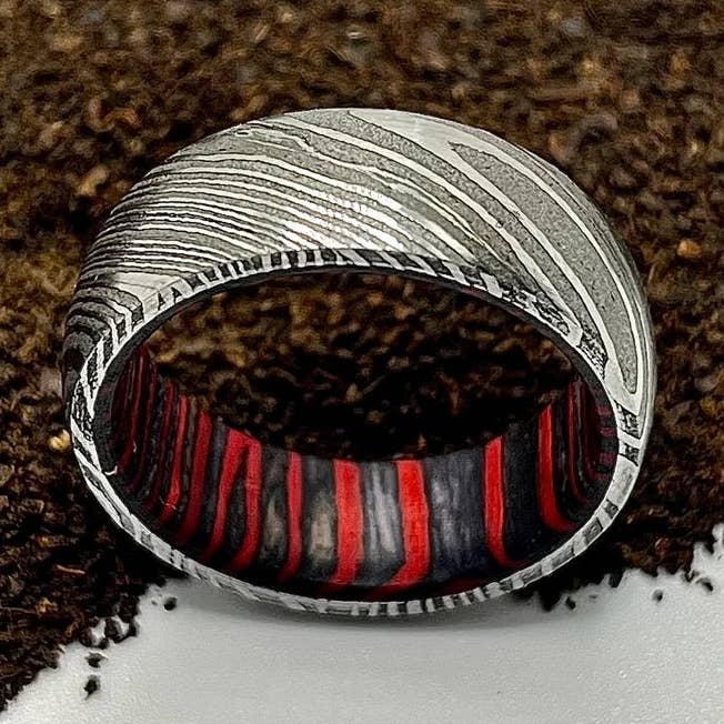 Handmade Damascus Steel Ring with Hardwood Sleeve – Unique, Durable, Minimalist Design for wholesale by RustyStudioUSA