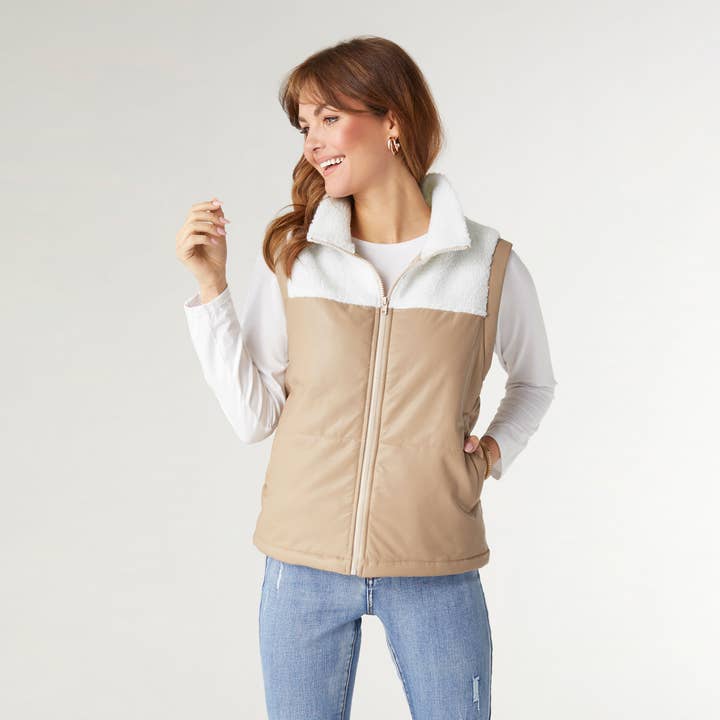COCO + CARMEN - Wholesale Outerwear Vest - Women's - Yona Mixed Sherpa Pleather Vest