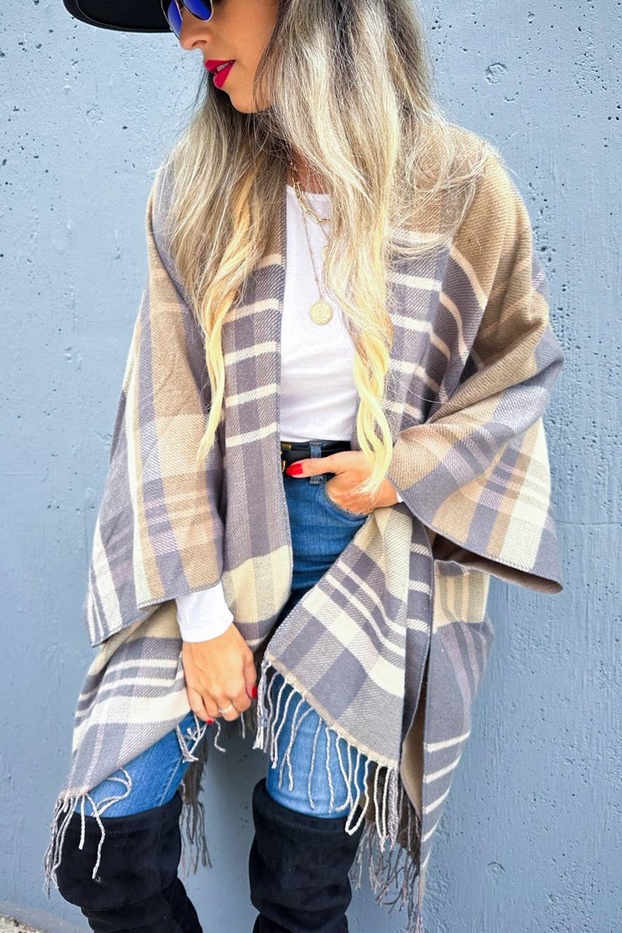 Grey Multi-Check Printed Ruana Cardigan With Tassel  for wholesale on Faire6