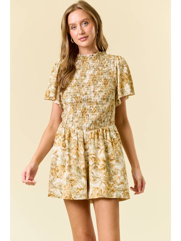 Doe and Rae - Wholesale Romper - Women's - Floral Textured Knit Sleeve Romper W/ Side Pocket - 27972R-1