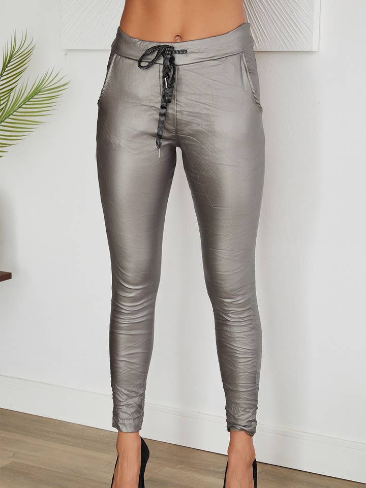 VENTI6 - Wholesale Pants - Women's - SHIMMER DRAWSTRING PU COATED CRINKLE JOGGERS(6526)7