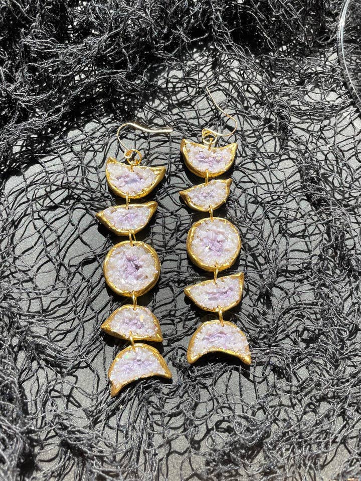 Druzy geode moon phase earrings for wholesale by She makes clay