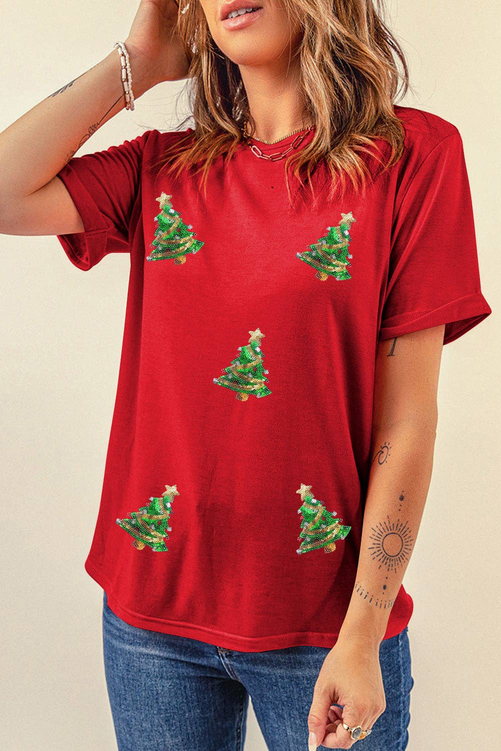 Sequin Christmas Tree Holiday Graphic Red Crewneck Tee for wholesale on Faire1