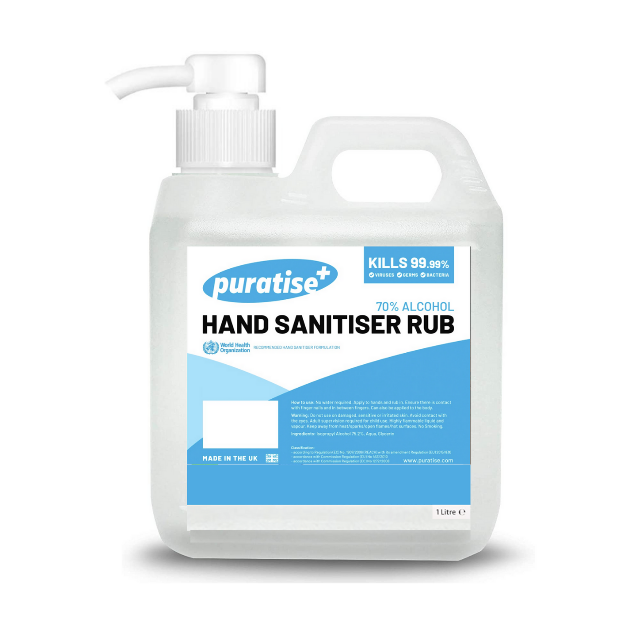 My Wholesale Warehouse – wholesale Hand sanitiser – Puratise 1 Litre Hand Sanitiser Rub with Pump to fit 38mm Neck0