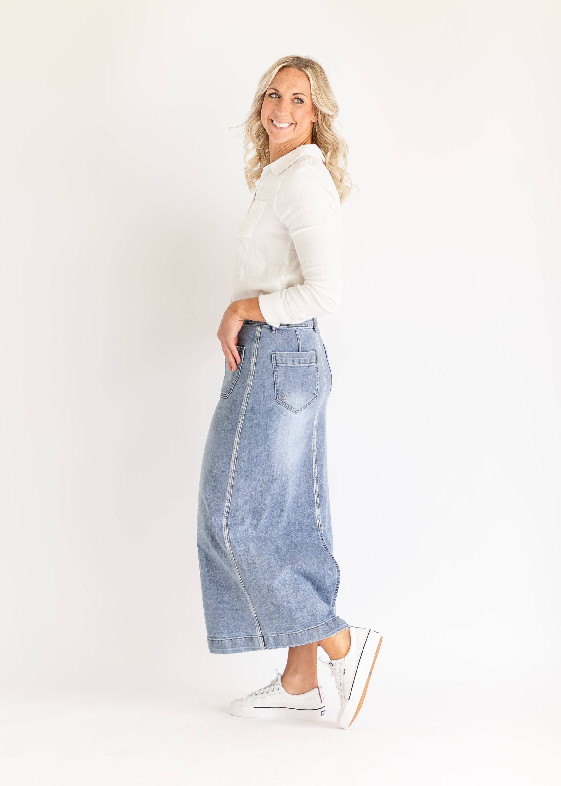 Inherit Clothing Company – wholesale Kjol - Dam – Elin Främre Ficka Maxi Jeanskjol3