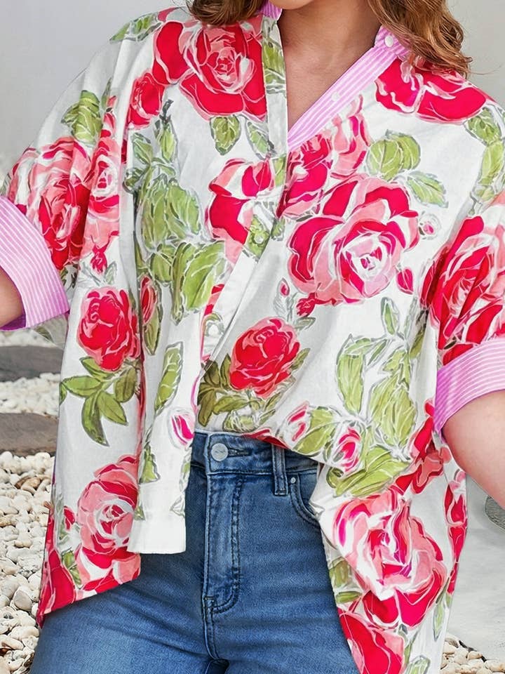 LDC Flower Striped Trim Frilled Collar Short Sleeve Shirt for wholesale by Little Daisy Closet