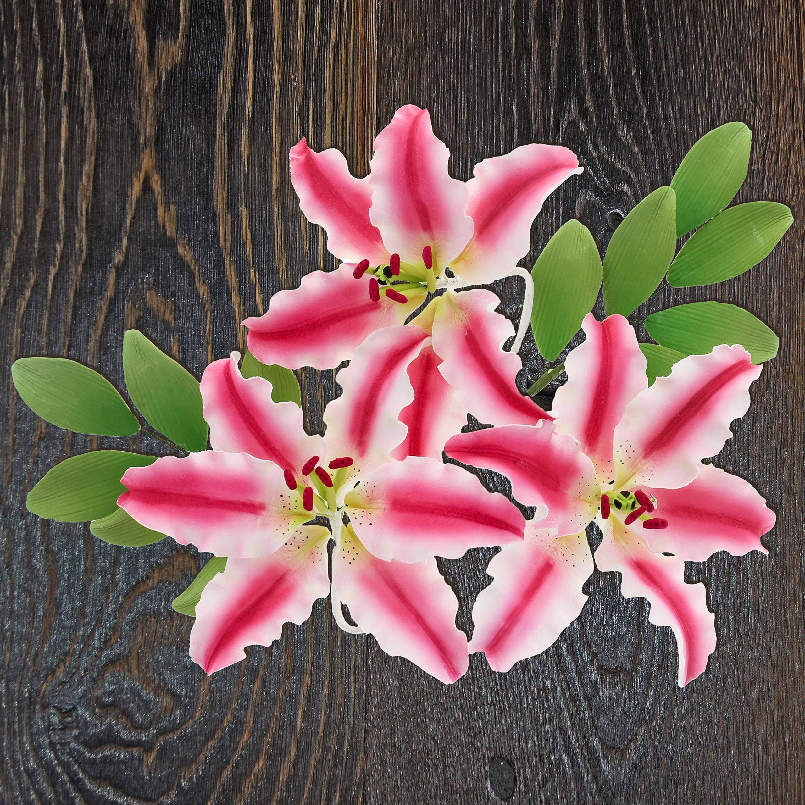 Global Sugar Art - Wholesale Artificial Flowers - Stargazer Lily Sugar Flowers with Leaf Sprays by Global Sugar Art, Pink and White, 3 Count7
