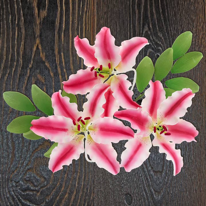 Global Sugar Art - Wholesale Artificial Flowers - Stargazer Lily Sugar Flowers with Leaf Sprays by Global Sugar Art, Pink and White, 3 Count7