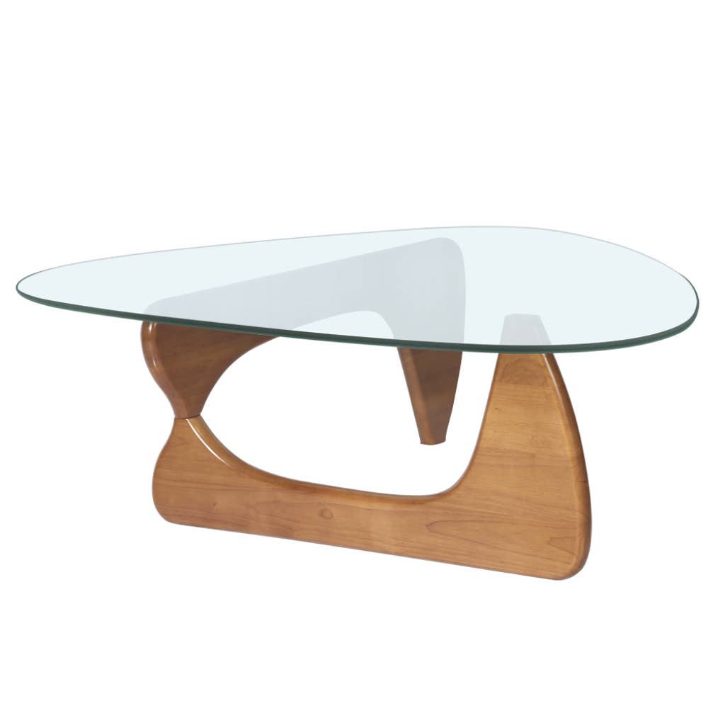 HomeRoots – Mesa de café por atacado – Mesa de Centro Abstrata de Vidro Transparente e Marrom com Base de Madeira de 137 cm1
