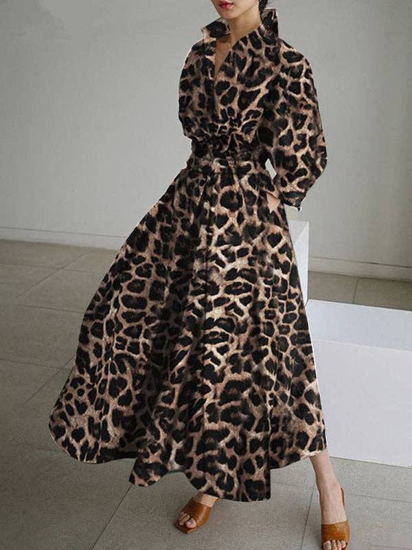 Plush Looks - Wholesale Dress - Women's - High Waisted Long Sleeves Buttoned Leopard Lapel Maxi Dresses1