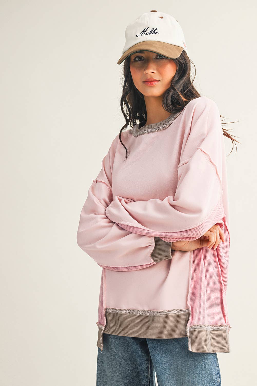 Little Daisy Closet - Wholesale Sweatshirt - Women's - Block Mix Texture Waffle Patchwork Oversize Sweatshirt 2