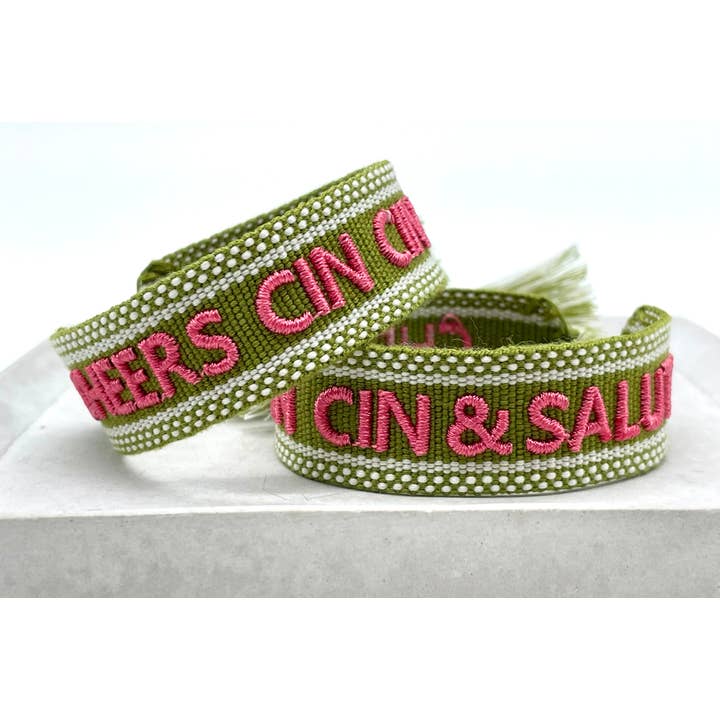 CHEERS CIN CIN & SALUTE statement bracelet woven, embroidered for wholesale by Parsley & Pepper