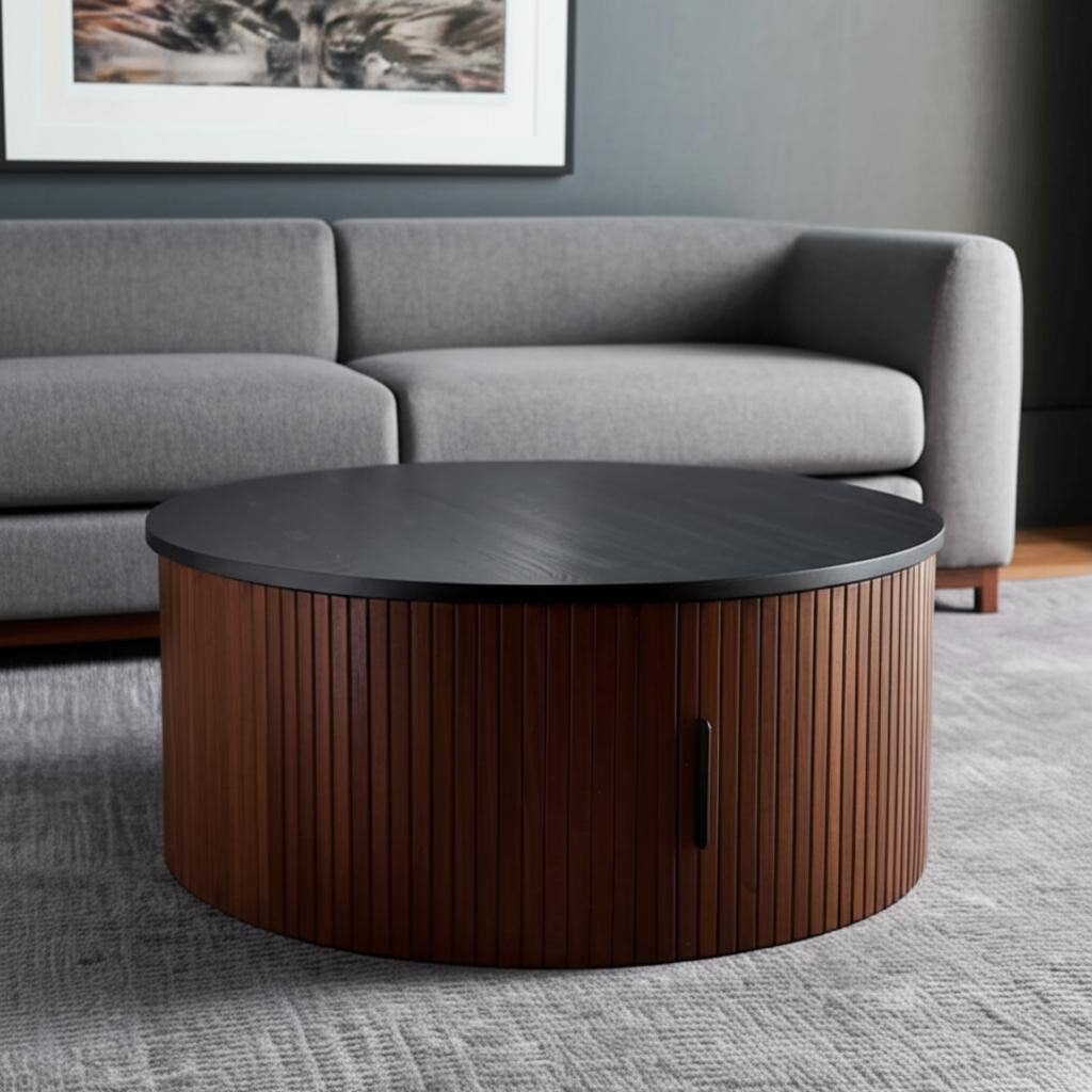 HomeRoots - Wholesale Coffee Table - 32" Black and Walnut Wood Round Drum Coffee Table1