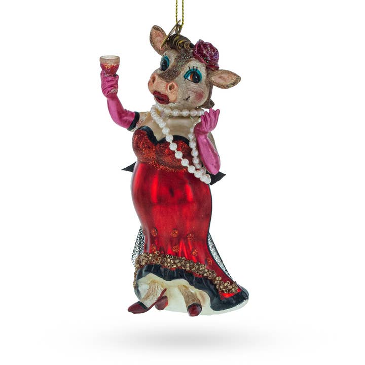 Cow Sipping Red Wine Glass Ornament for wholesale by BestPysanky