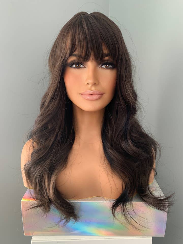 "Tasha" - Long Dark Chocolate Brown Wig with Bangs for wholesale by The Extension Room