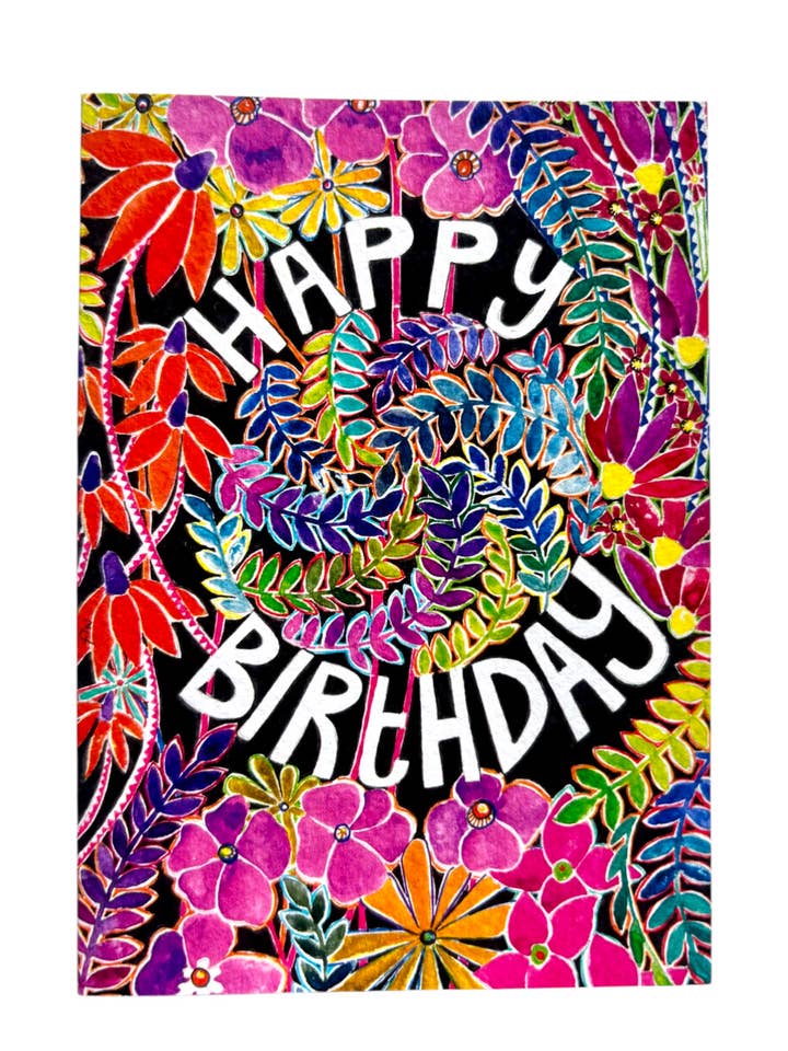 Happy Birthday (black) A6 Floral hand painted greetings card for wholesale by Au Faye
