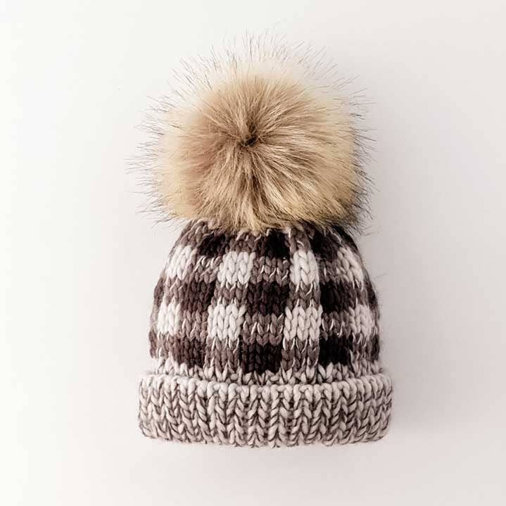 Grey Buffalo Check Pom Pom Beanie Hat Baby & Kids SALE for wholesale by Huggalugs