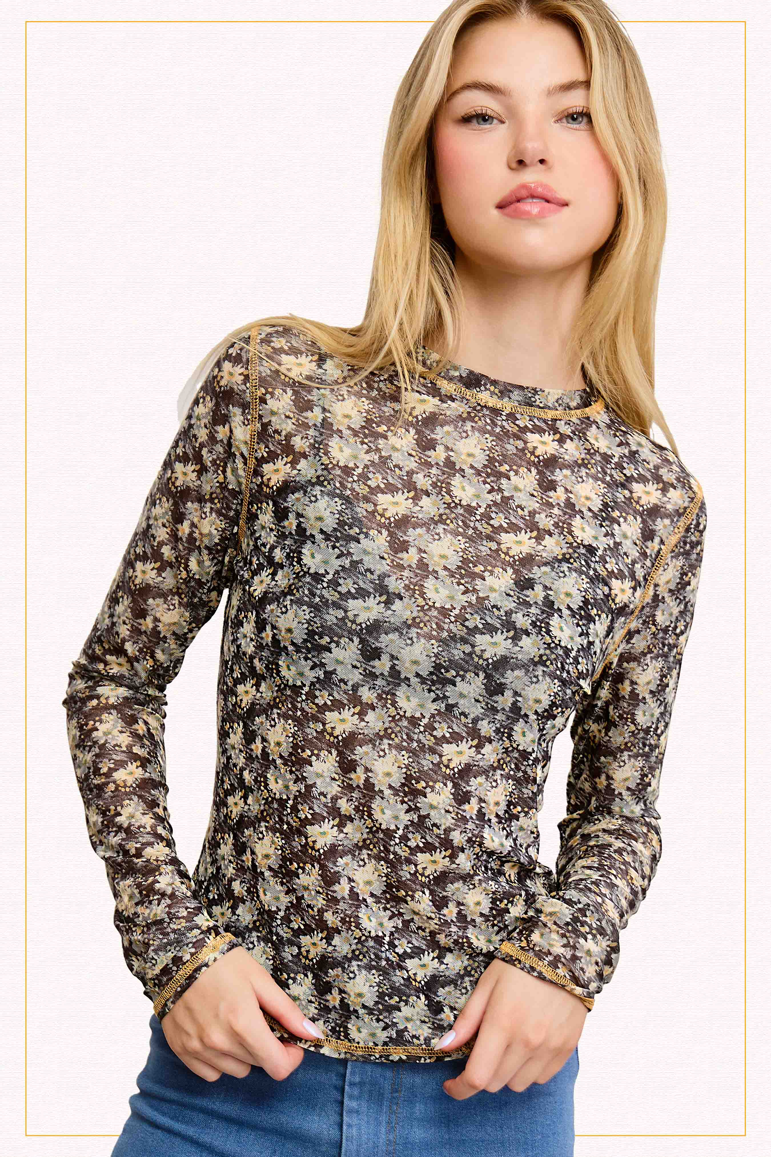 La Miel - Venta al por mayor Jersey corto de punto - Mujer - JCT7701-Top semitransparente con cuello redondo y manga larga con capas de malla14