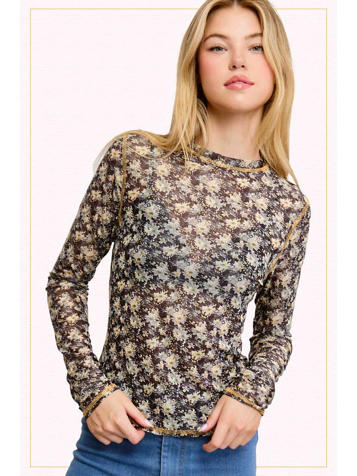 La Miel - Wholesale Knit Top - Women's - JCT7701-Semi Sheer Crew Neck Long Sleeve Mesh Layering Top14