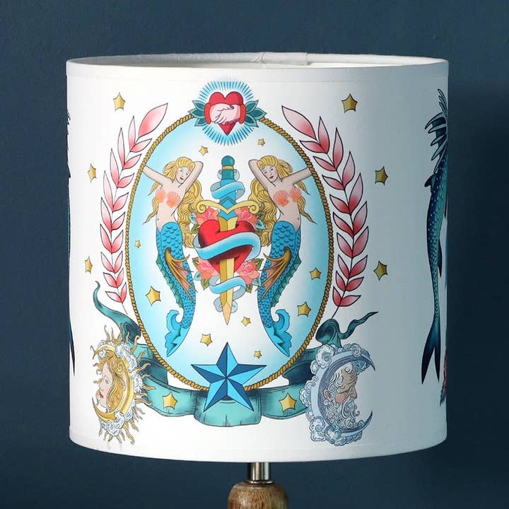 Sharks, Hearts, Mermaids & Daggers Lampshade for wholesale by Cream Cornwall
